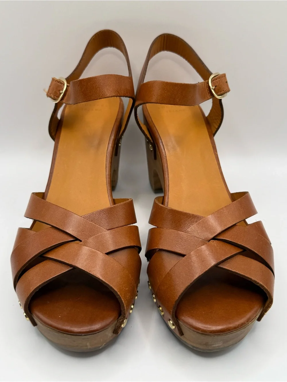 Sézane Isabelle Clogs Smooth Camel Leather Wooden Platform Sandals Brown 39 Shoe